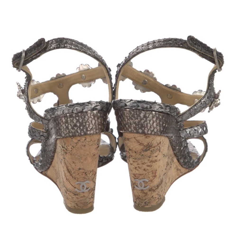 Chanel Interlocking CC Logo Cruise 2012 Python Silver Cork Wedge Sandals - Picture 4 of 5